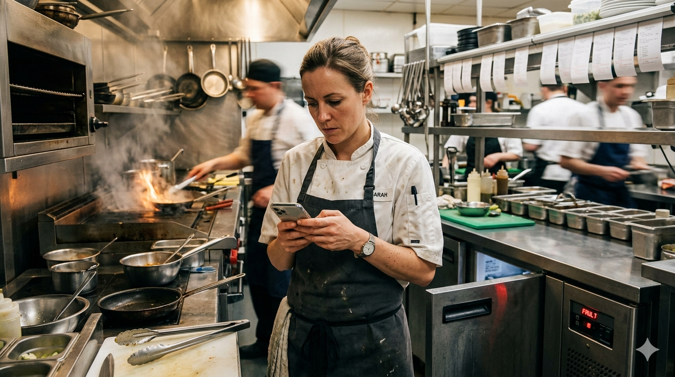 Professional chef in busy restaurant kitchen using mobile device to coordinate with Tessa
