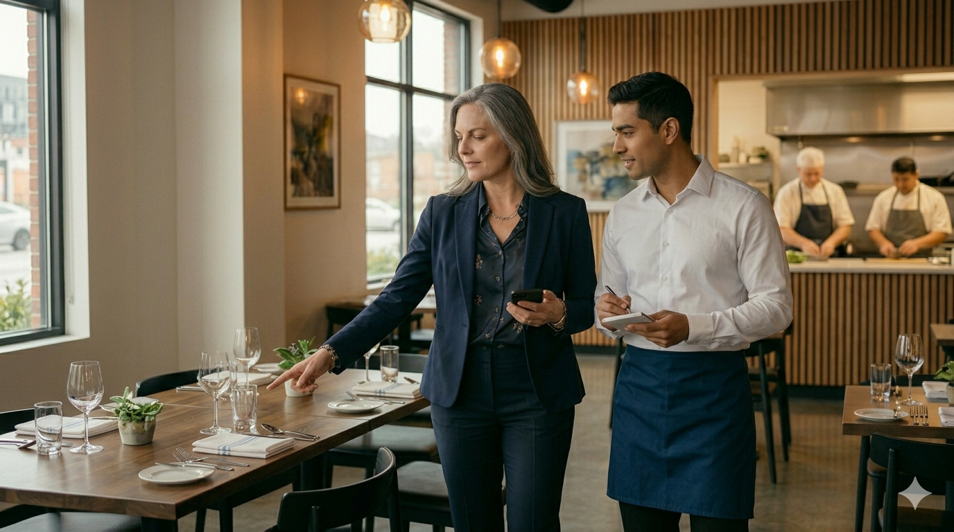 Restaurant operators using mobile devices in professional restaurant setting